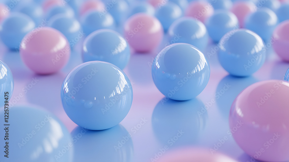 Poster abstract blue and pink three-dimensional background of many spheres separated from each other and re