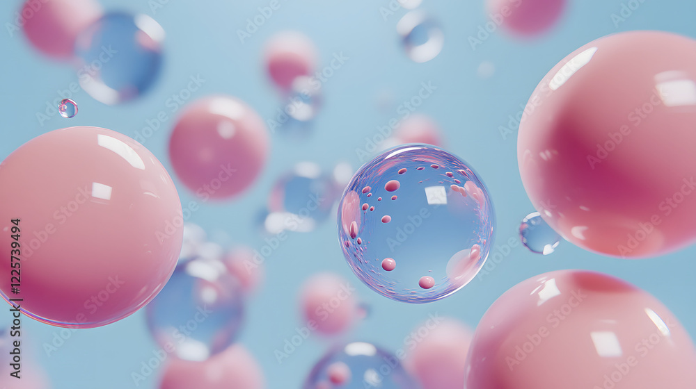 Poster abstract blue and pink three-dimensional background of many spheres separated from each other and re