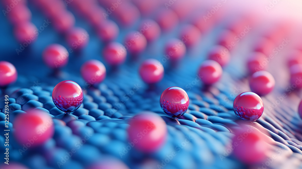 Poster abstract blue and pink three-dimensional background of many spheres separated from each other and re
