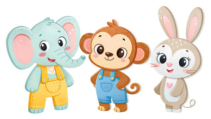 Obraz premium Cutout set of 3 cartoon animal toys characters isolated on transparent png background enjoyment cute design dog illustration bear baby teddy set toy isolated cat art brown icon drawing 