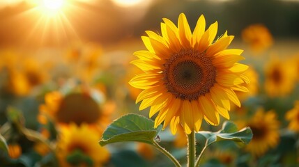 Fototapeta premium A single yellow sunflower is the center of a field of yellow flowers