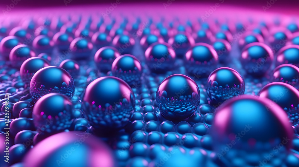 Poster abstract blue and pink three-dimensional background of many spheres separated from each other and re