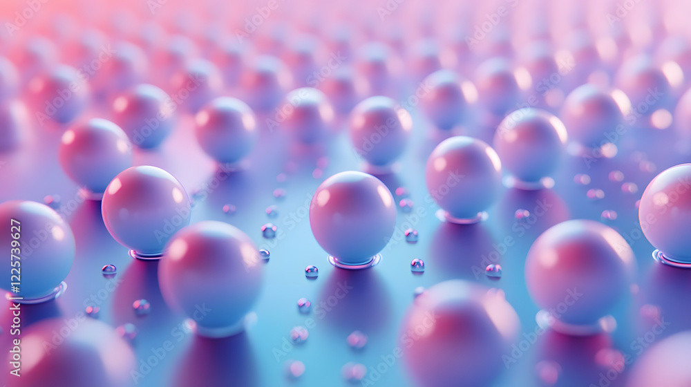 Poster abstract blue and pink three-dimensional background of many spheres separated from each other and re