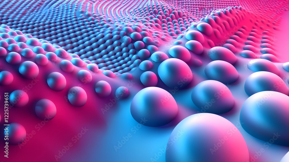 Poster abstract blue and pink three-dimensional background of many spheres separated from each other and re