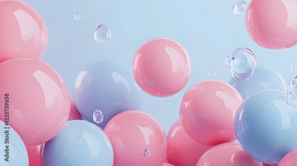 Poster abstract blue and pink three-dimensional background of many spheres separated from each other and re