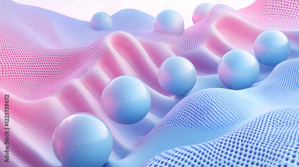 Poster abstract blue and pink three-dimensional background of many spheres separated from each other and re