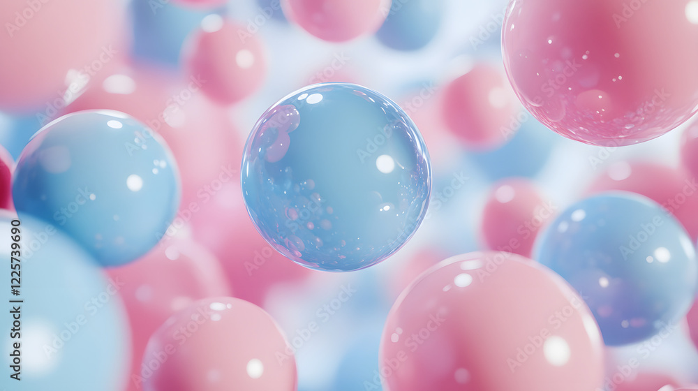Poster abstract blue and pink three-dimensional background of many spheres separated from each other and re