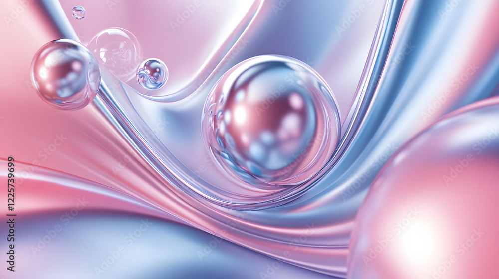 Poster abstract blue and pink three-dimensional background of many spheres separated from each other and re