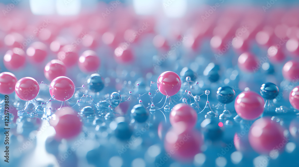 Poster abstract blue and pink three-dimensional background of many spheres separated from each other and re