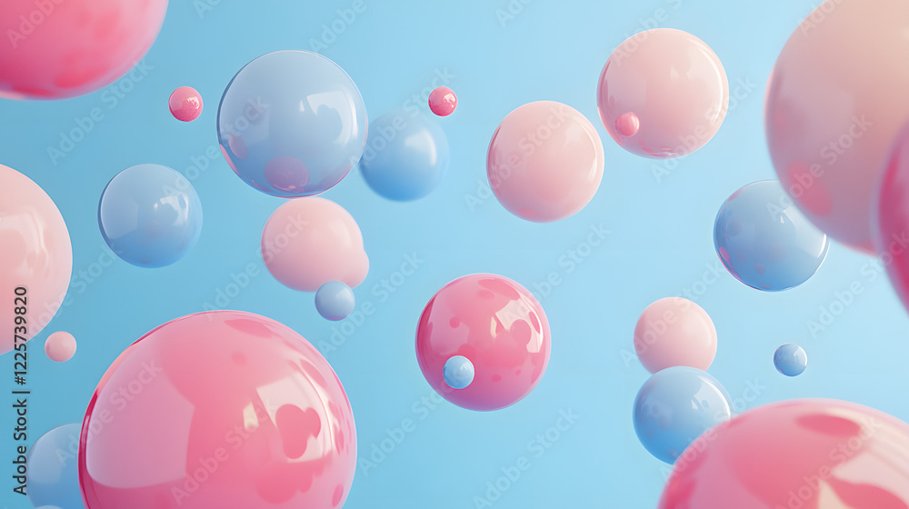 Poster abstract blue and pink three-dimensional background of many spheres separated from each other and re