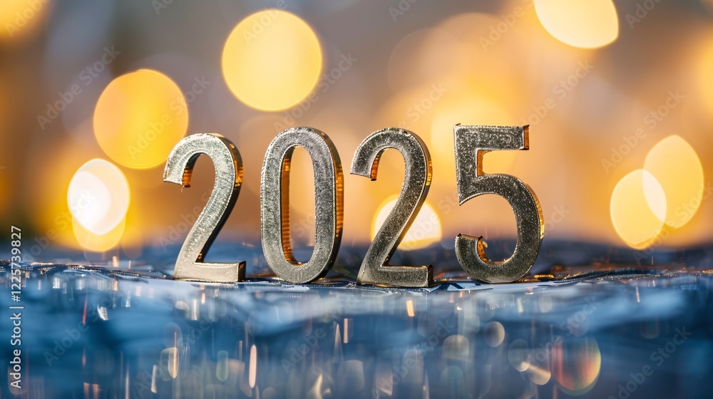 Poster Golden 2025 numbers standing on sparkling surface announcing the new year with golden bokeh lights