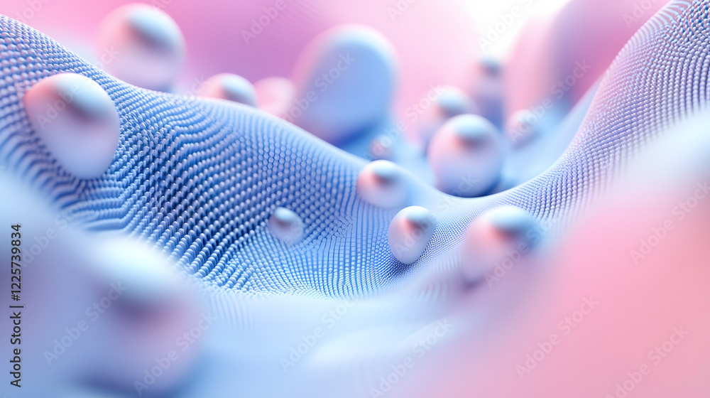 Poster abstract blue and pink three-dimensional background of many spheres separated from each other and re