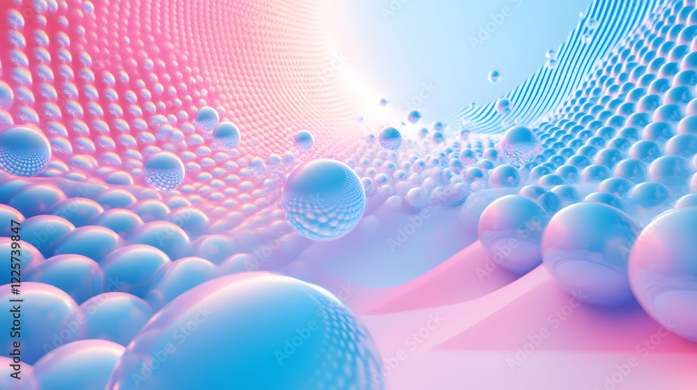 Poster abstract blue and pink three-dimensional background of many spheres separated from each other and re