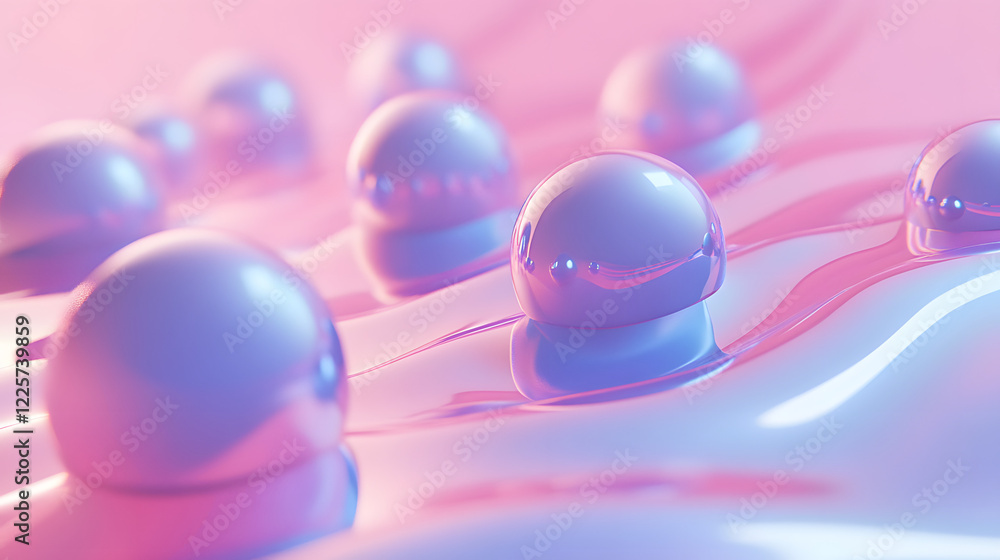 Poster abstract blue and pink three-dimensional background of many spheres separated from each other and re