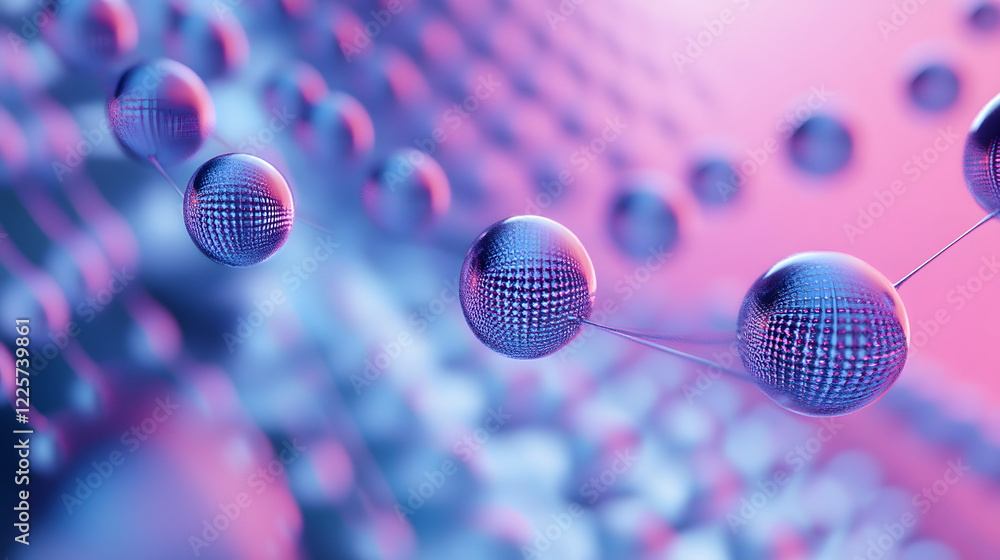 Poster abstract blue and pink three-dimensional background of many spheres separated from each other and re