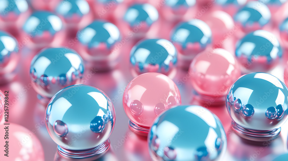 Poster abstract blue and pink three-dimensional background of many spheres separated from each other and re