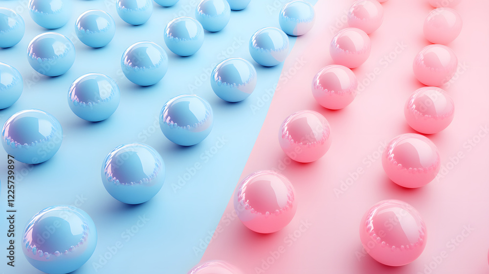 Poster abstract blue and pink three-dimensional background of many spheres separated from each other and re