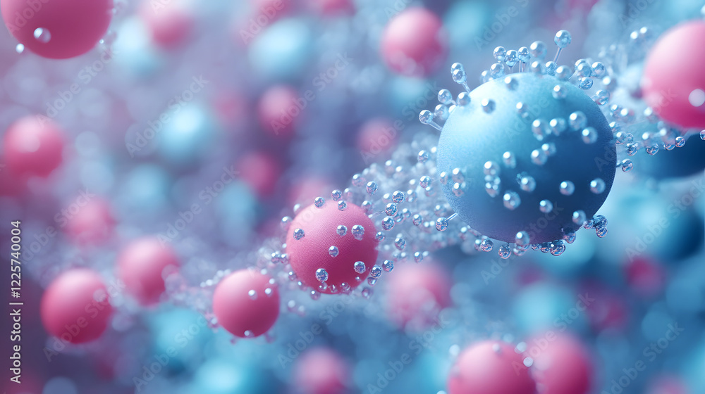 Poster abstract blue and pink three-dimensional background of many spheres separated from each other and re
