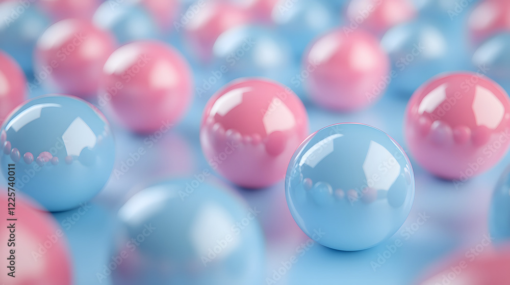 Poster abstract blue and pink three-dimensional background of many spheres separated from each other and re