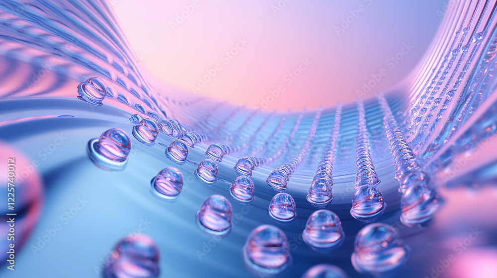 Poster abstract blue and pink three-dimensional background of many spheres separated from each other and re