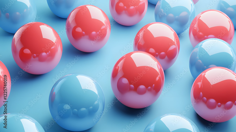 Poster abstract blue and pink three-dimensional background of many spheres separated from each other and re