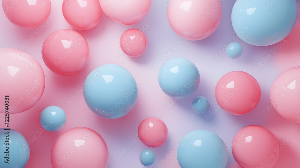 Poster abstract blue and pink three-dimensional background of many spheres separated from each other and re