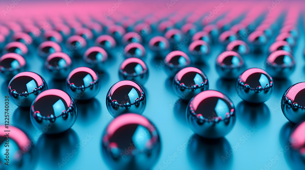 Poster abstract blue and pink three-dimensional background of many spheres separated from each other and re