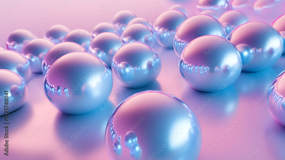 Poster abstract blue and pink three-dimensional background of many spheres separated from each other and re