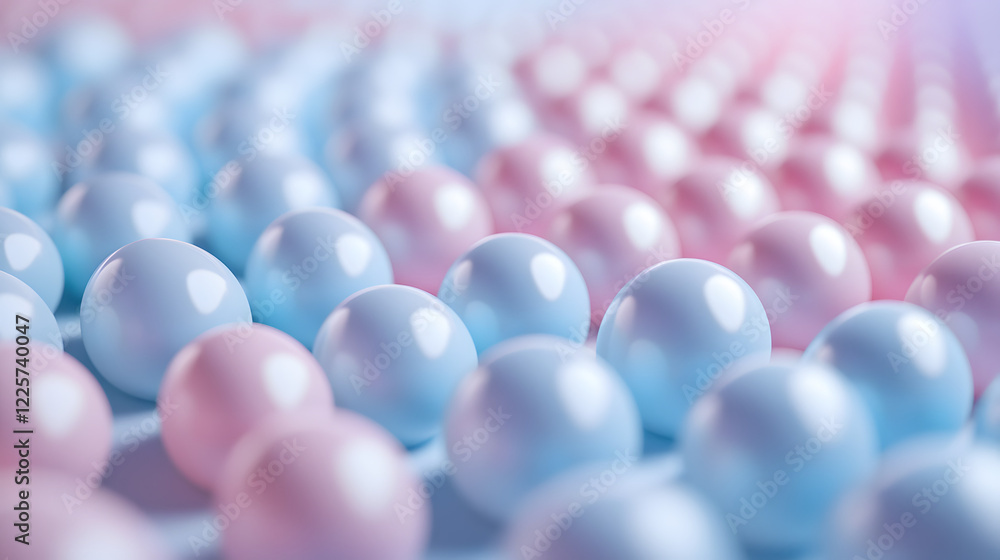 Poster abstract blue and pink three-dimensional background of many spheres separated from each other and re