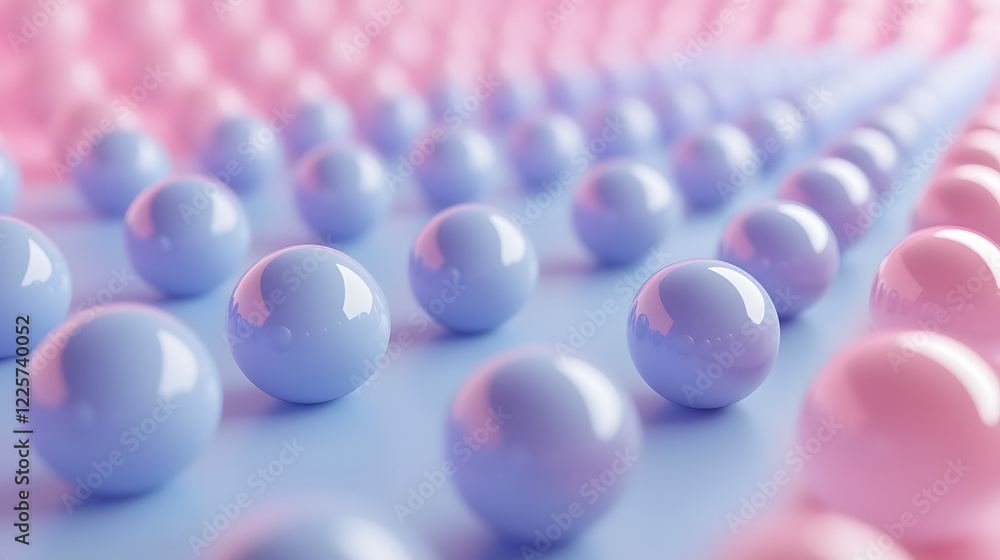 Poster abstract blue and pink three-dimensional background of many spheres separated from each other and re