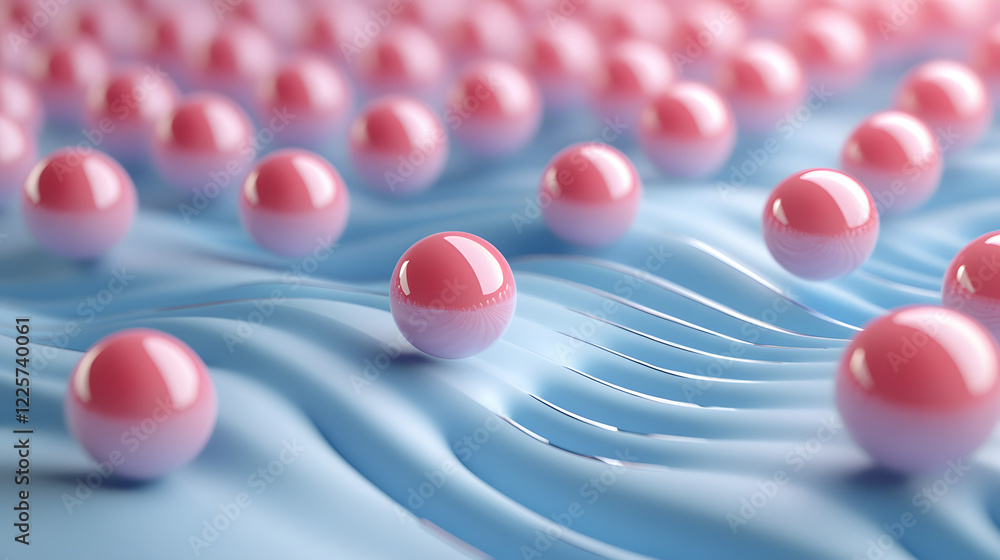 Poster abstract blue and pink three-dimensional background of many spheres separated from each other and re
