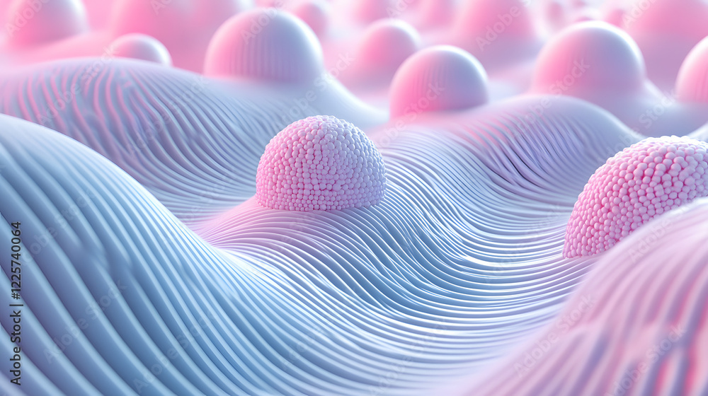 Poster abstract blue and pink three-dimensional background of many spheres separated from each other and re