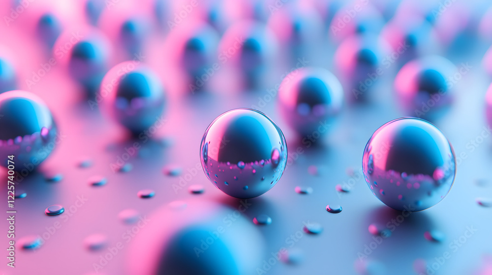 Poster abstract blue and pink three-dimensional background of many spheres separated from each other and re