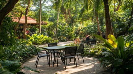 Obraz premium Table and chair facilities for people to relax in a garden