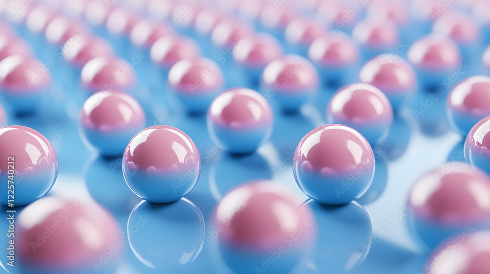 Poster abstract blue and pink three-dimensional background of many spheres separated from each other and re