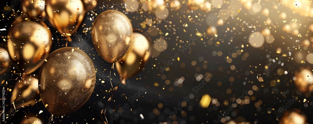 Poster Golden balloons float against a black backdrop with cascading confetti