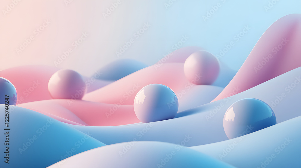 Poster abstract blue and pink three-dimensional background of many spheres separated from each other and re