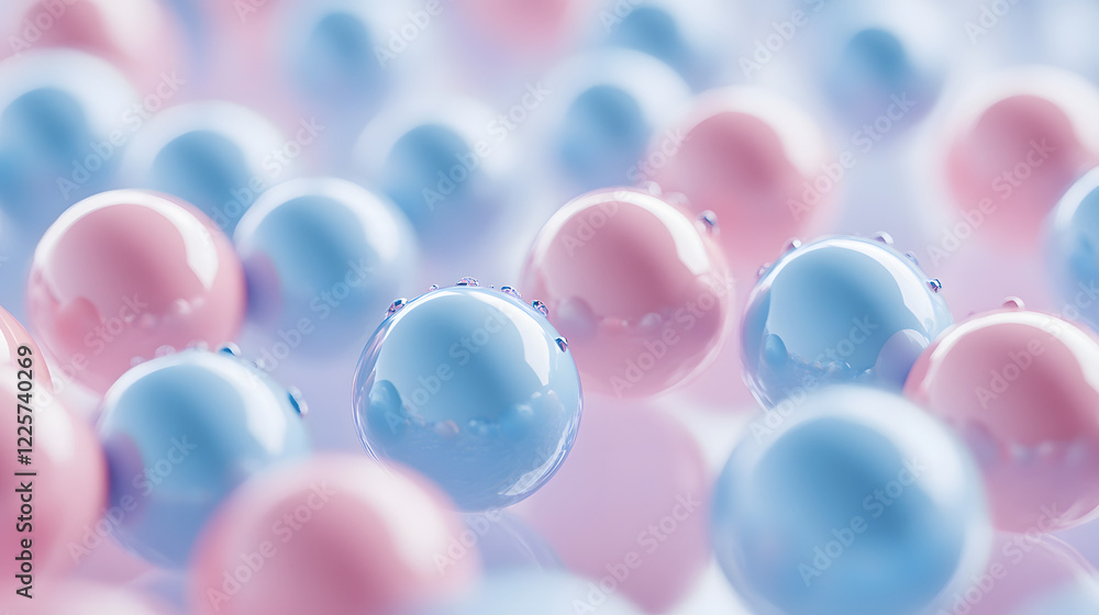Poster abstract blue and pink three-dimensional background of many spheres separated from each other and re
