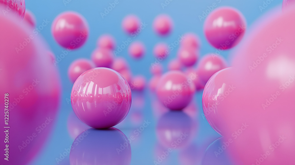 Poster abstract blue and pink three-dimensional background of many spheres separated from each other and re
