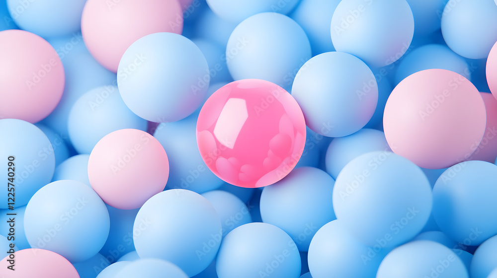 Poster abstract blue and pink three-dimensional background of many spheres separated from each other and re