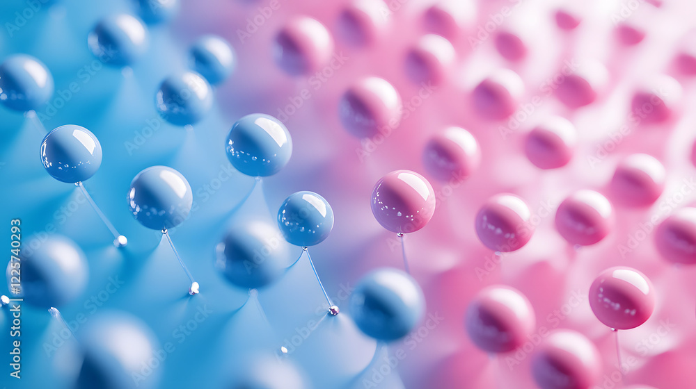 Poster abstract blue and pink three-dimensional background of many spheres separated from each other and re