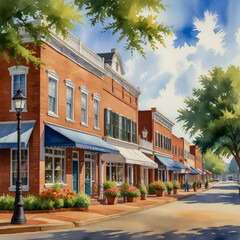 Naklejka premium watercolor of Collierville’s charming town square with its well-preserved Victorian architecture