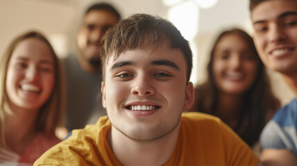 Naklejka premium copy space, stockphoto, young man with down syndrome posing with other friends. young man with down syndrome posing with other friends. Accepting people with disiblilties or mental disadvantaged peopl