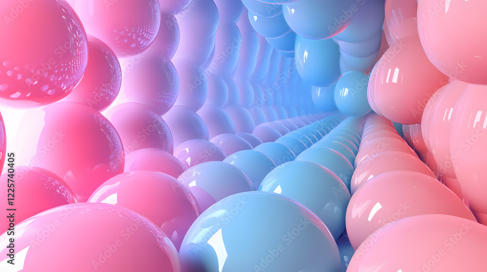 Poster abstract blue and pink three-dimensional background of many spheres separated from each other and re