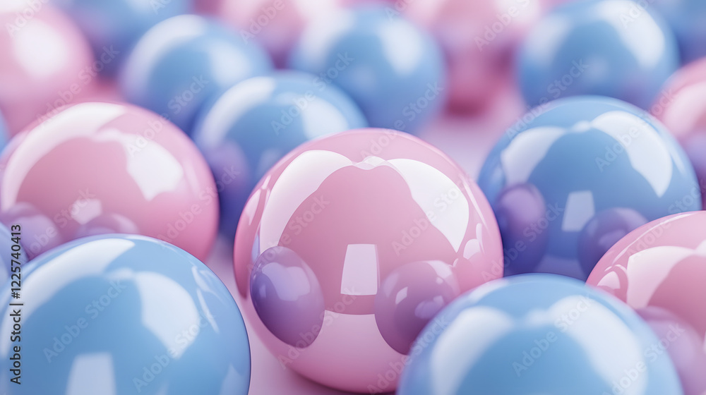 Poster abstract blue and pink three-dimensional background of many spheres separated from each other and re