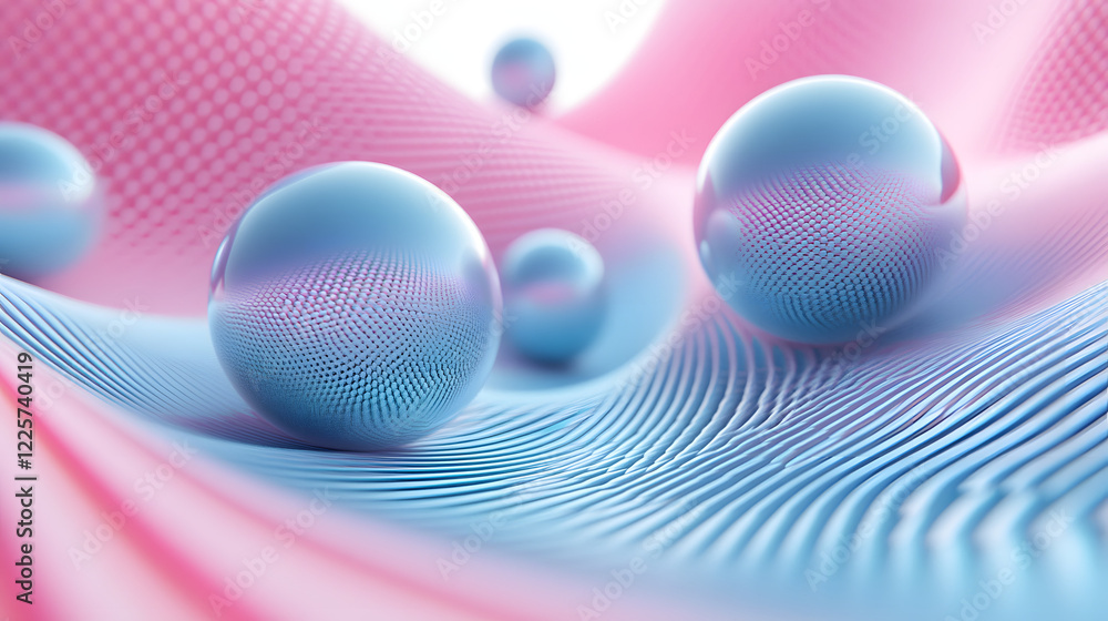 Poster abstract blue and pink three-dimensional background of many spheres separated from each other and re