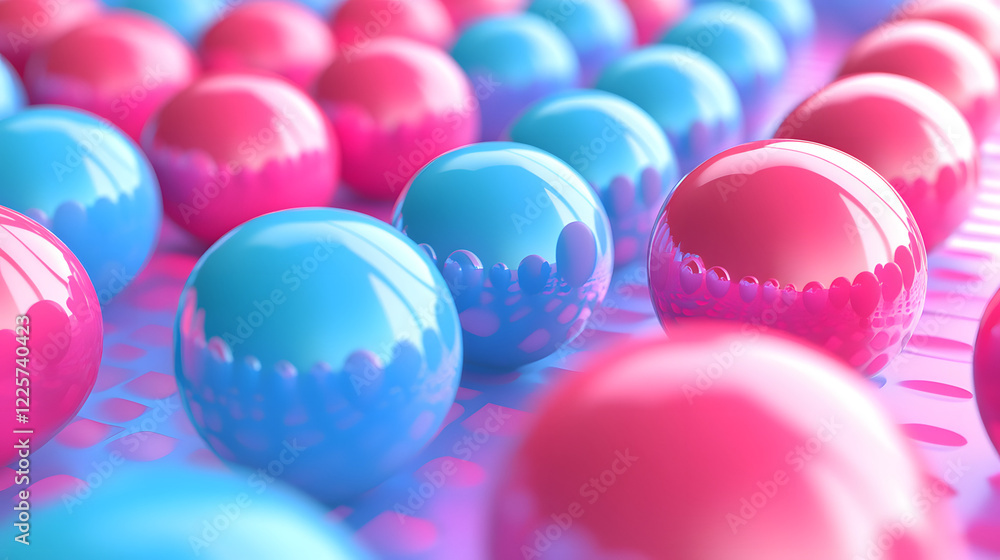 Poster abstract blue and pink three-dimensional background of many spheres separated from each other and re