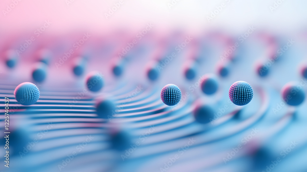 Poster abstract blue and pink three-dimensional background of many spheres separated from each other and re