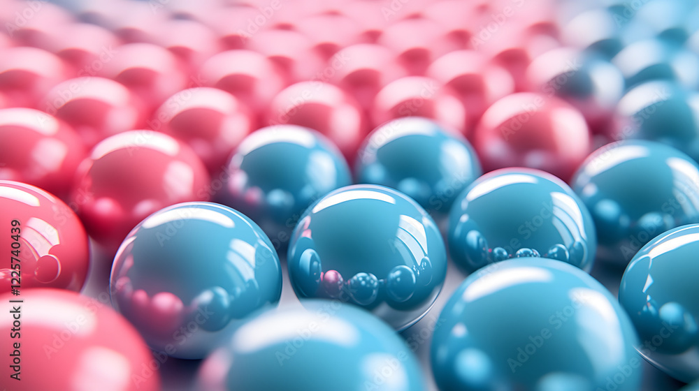 Poster abstract blue and pink three-dimensional background of many spheres separated from each other and re