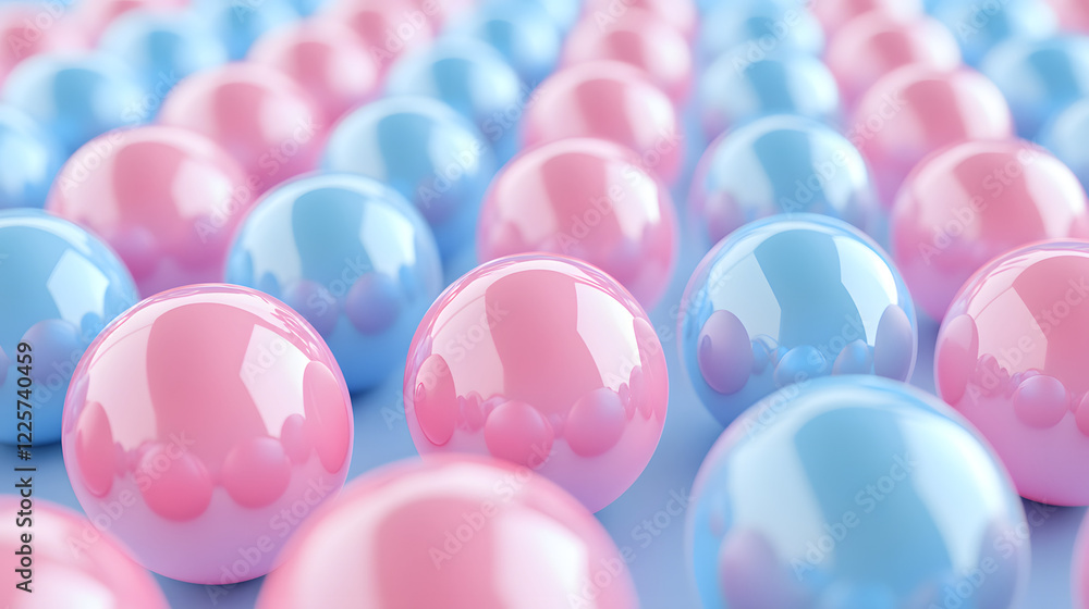 Poster abstract blue and pink three-dimensional background of many spheres separated from each other and re